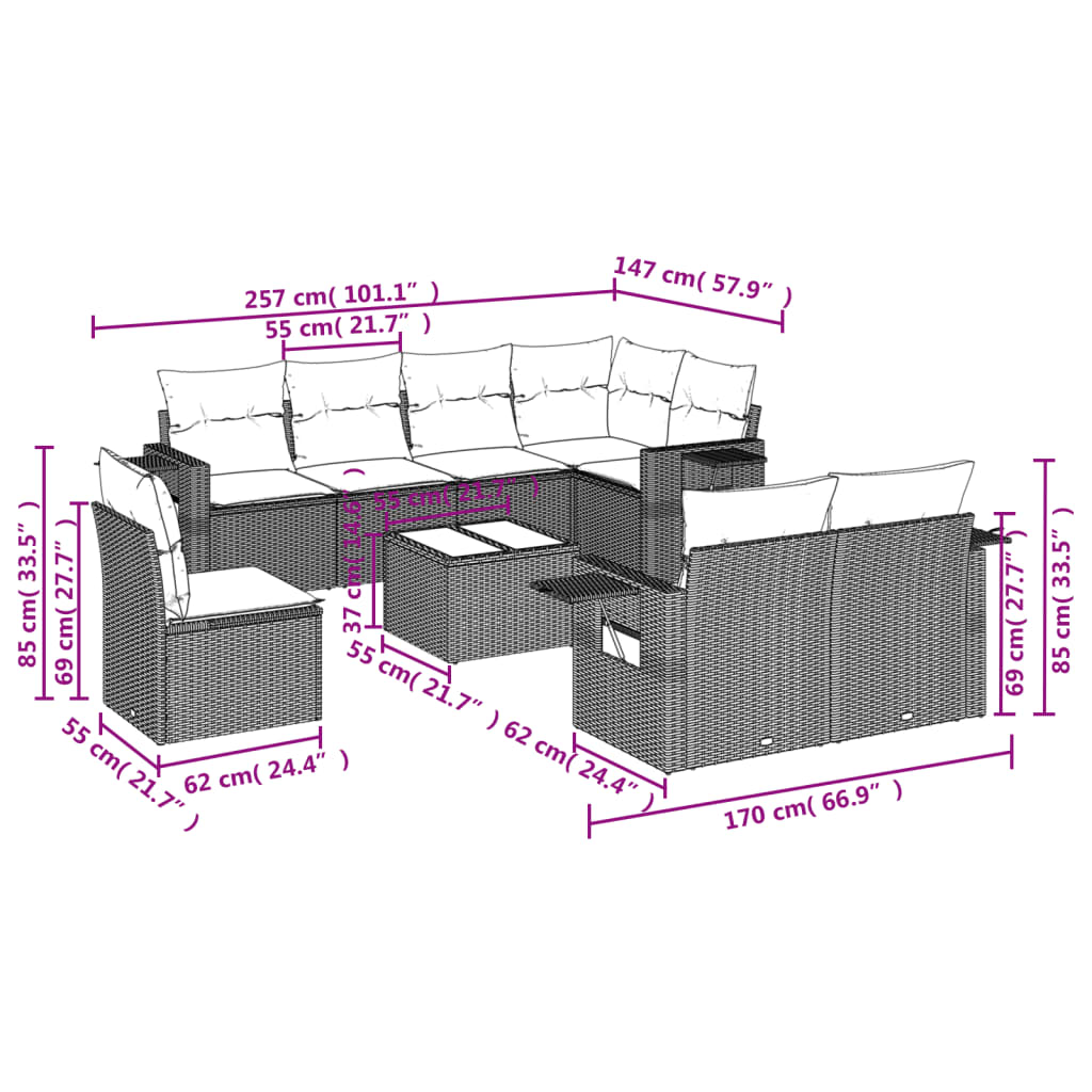 Ensemble de canapé de jardin 9 pcs avec coussins gris résine tressée
