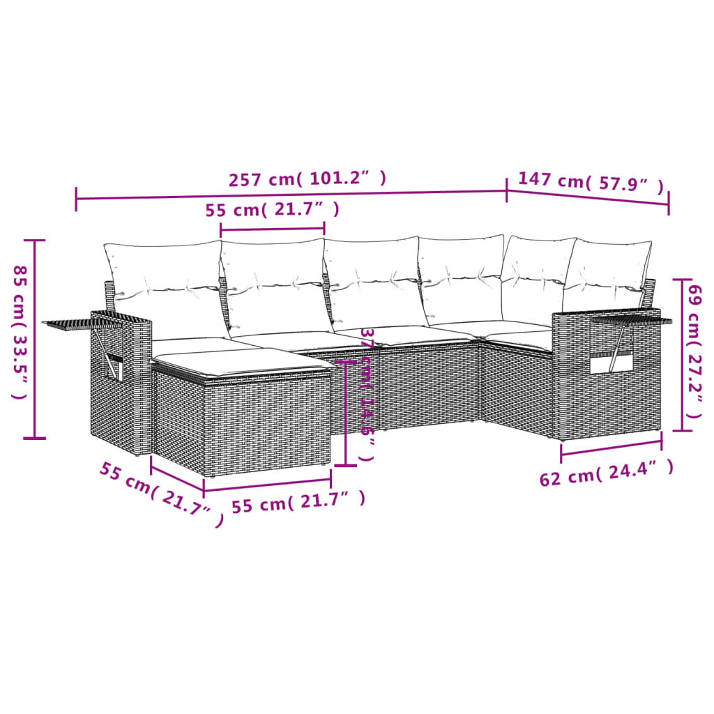 Ensemble de canapé de jardin 6 pcs avec coussins gris résine tressée