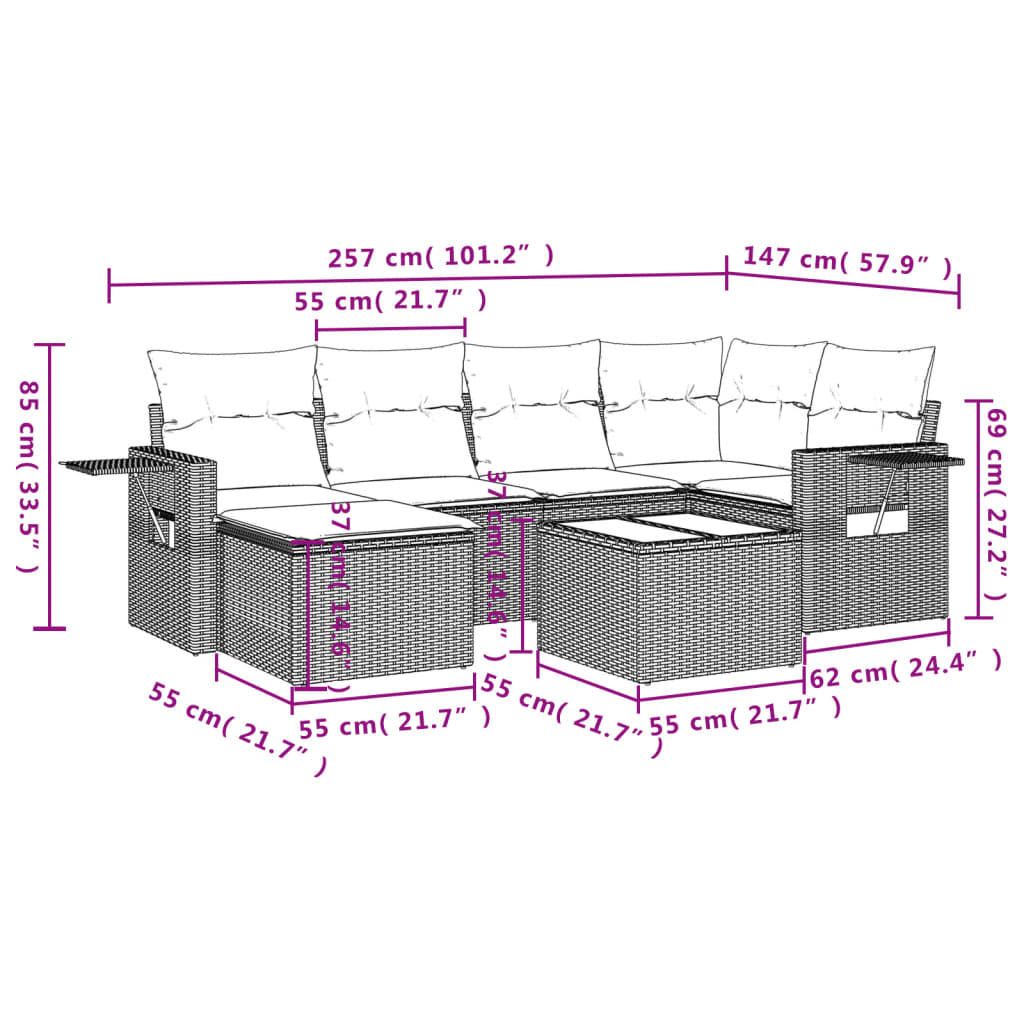 Ensemble de canapé de jardin 7 pcs avec coussins noir résine tressée