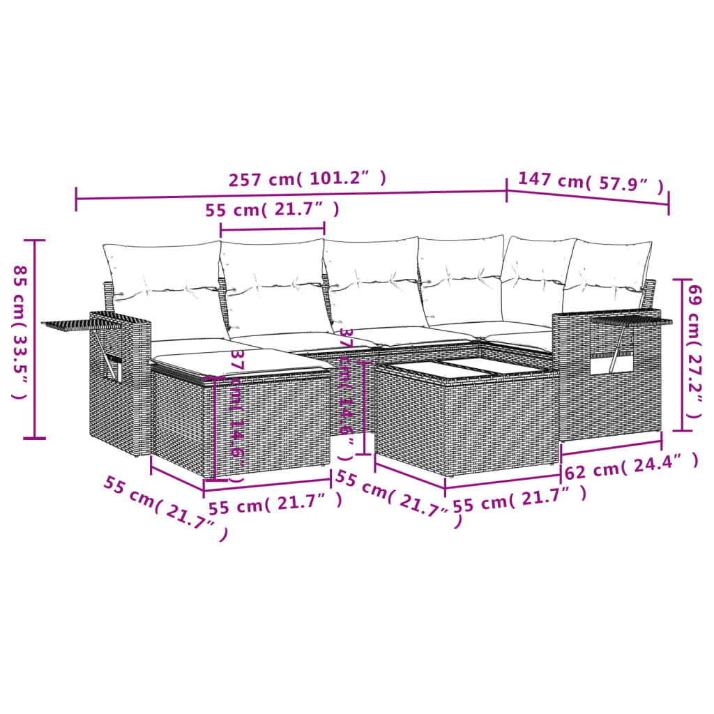Ensemble de canapé de jardin 7 pcs avec coussins marron résine tressée