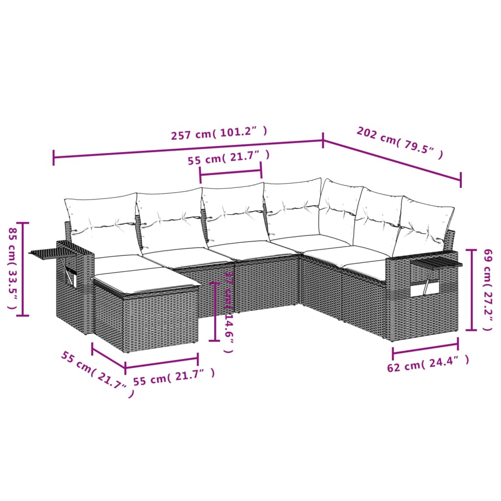 Ensemble de canapé de jardin 7 pcs avec coussins gris résine tressée