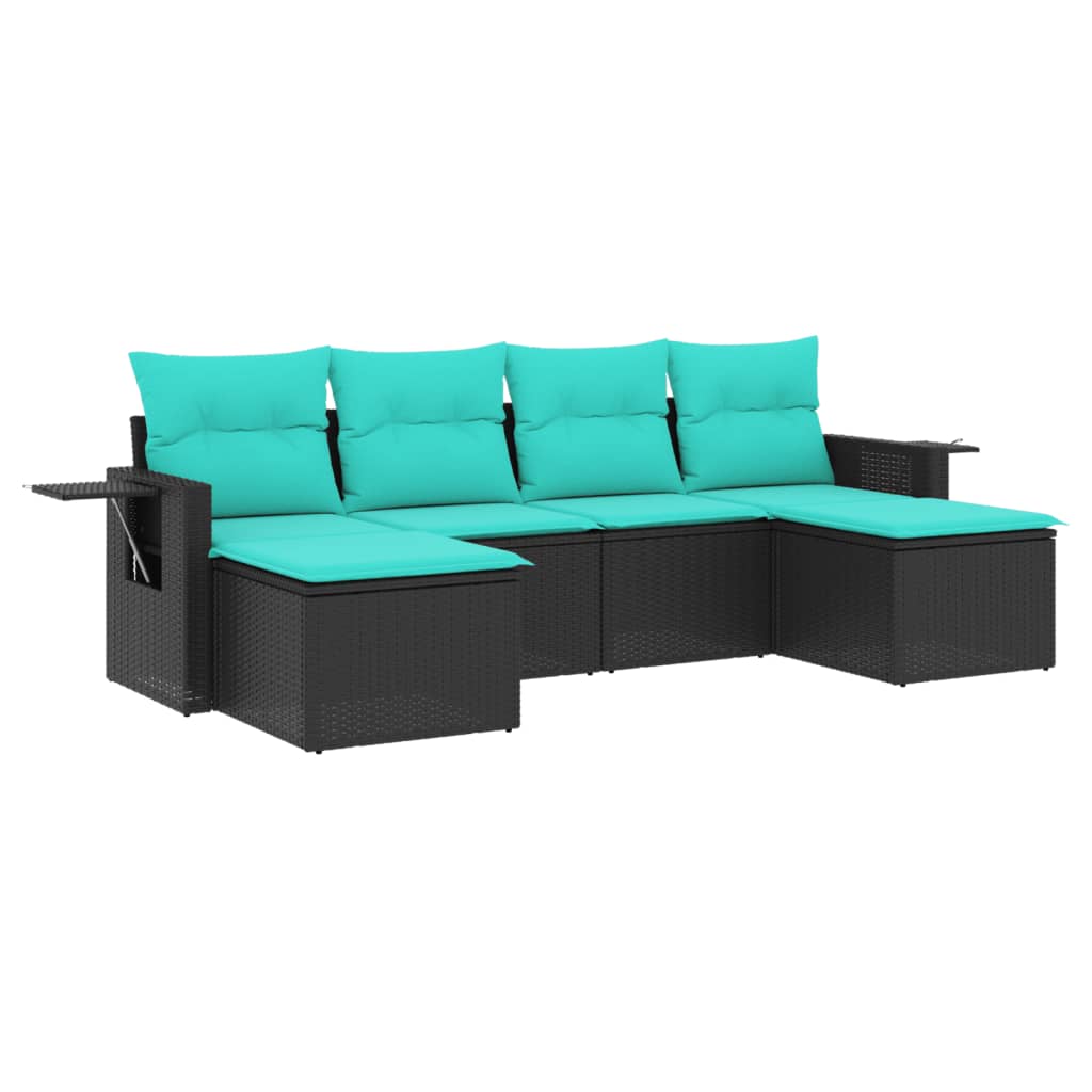 Salon de jardin 6 pcs avec coussins noir résine tressée