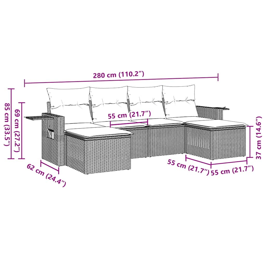 Salon de jardin avec coussins 6 pcs marron résine tressée