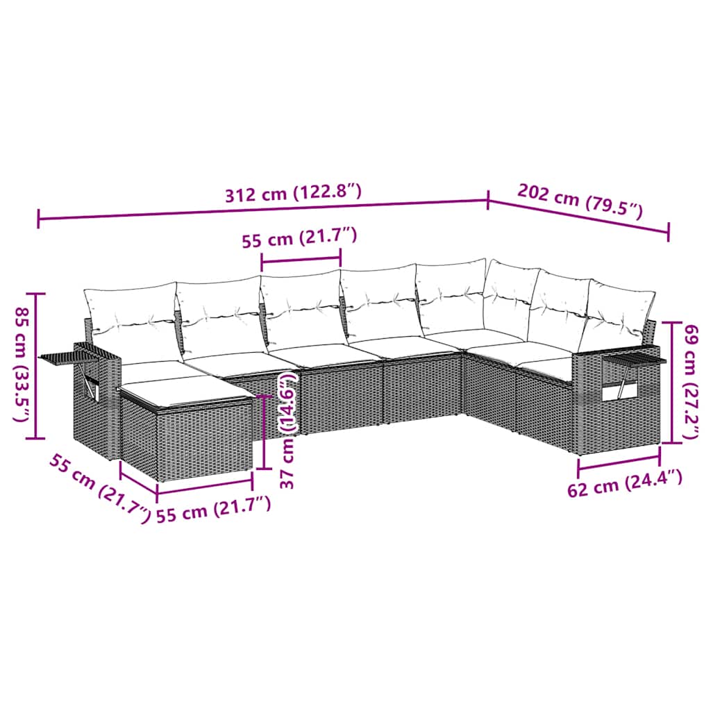 Salon de jardin 8 pcs avec coussins marron résine tressée