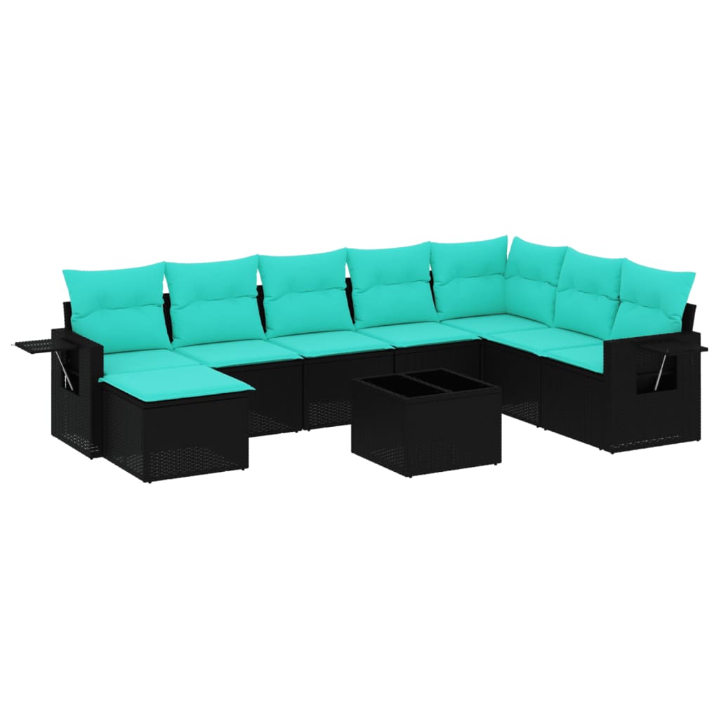 Ensemble de canapé de jardin 9 pcs avec coussins noir résine tressée