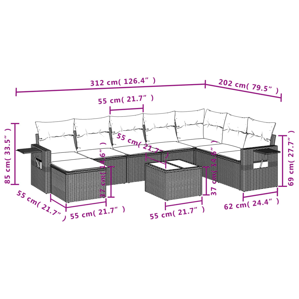 Ensemble de canapé de jardin 9 pcs avec coussins gris résine tressée