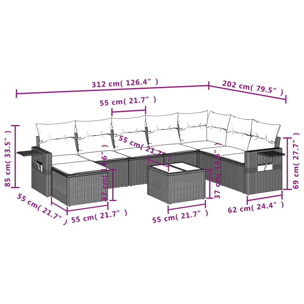 Ensemble de canapé de jardin 9 pcs avec coussins marron résine tressée