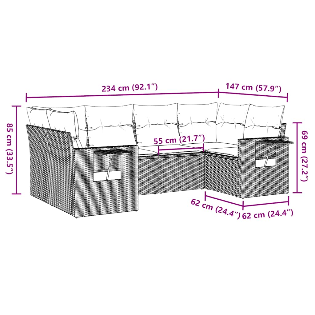 Salon de jardin avec coussins 6 pcs marron résine tressée