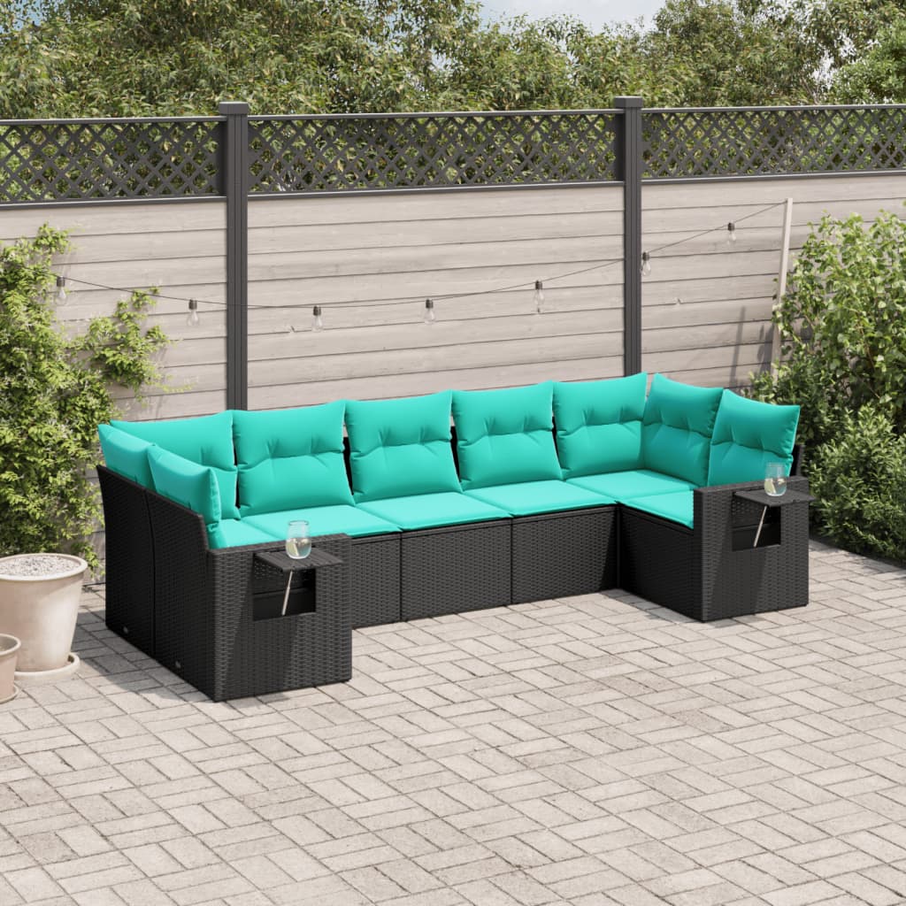 Salon de jardin 7 pcs avec coussins noir résine tressée