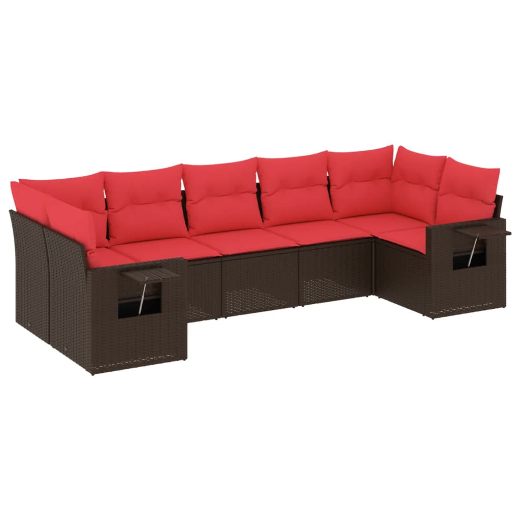 Ensemble de canapé de jardin 7 pcs avec coussins marron résine tressée