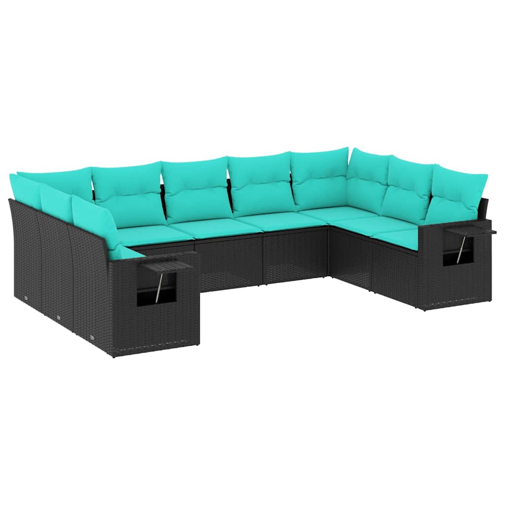 Salon de jardin 9 pcs avec coussins noir résine tressée
