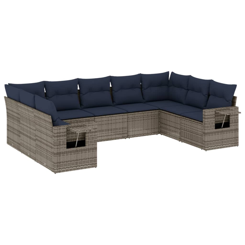 Ensemble de canapé de jardin 9 pcs avec coussins gris résine tressée