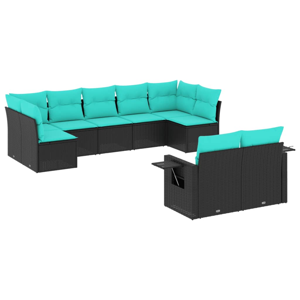 Salon de jardin 9 pcs avec coussins noir résine tressée