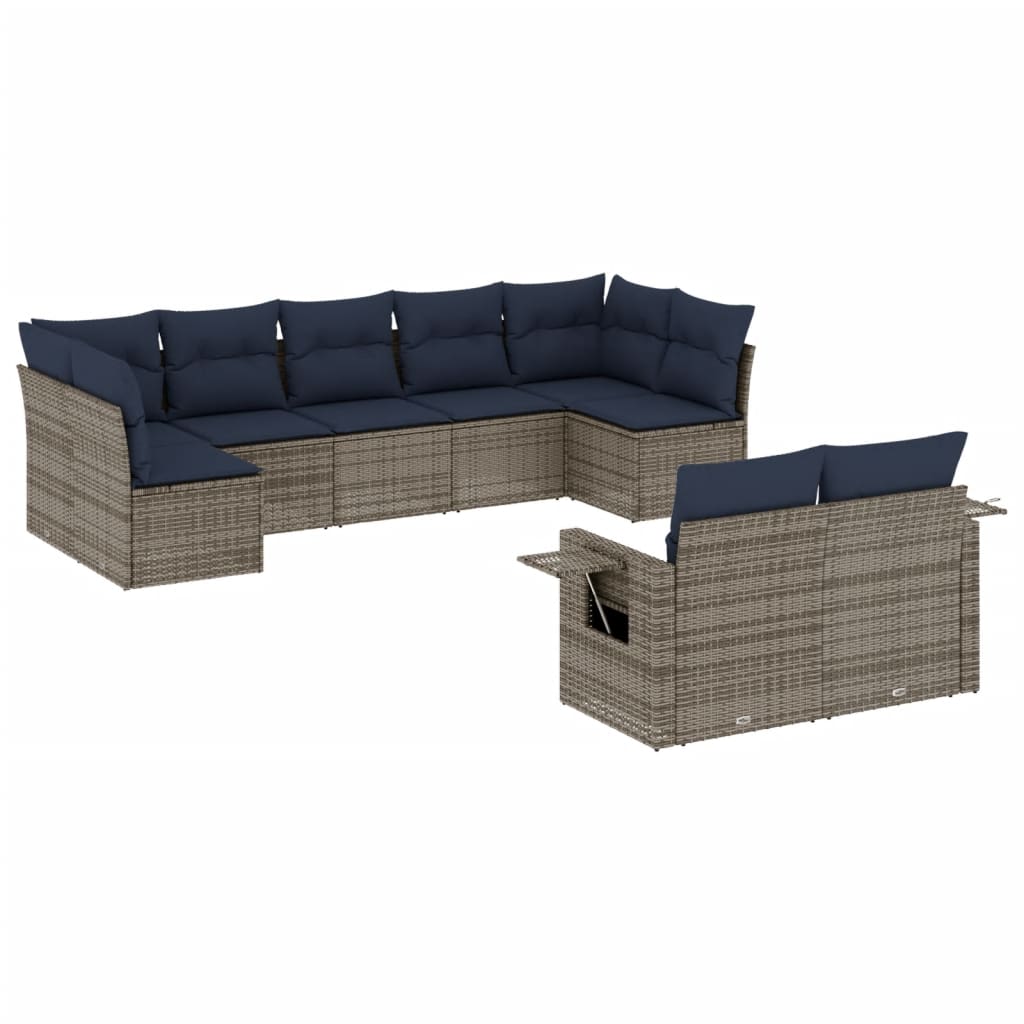 Ensemble de canapé de jardin 9 pcs avec coussins gris résine tressée