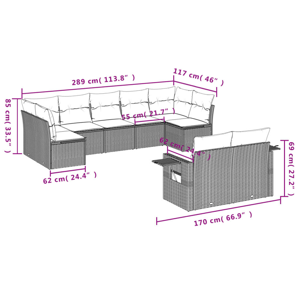 Ensemble de canapé de jardin 9 pcs avec coussins gris résine tressée