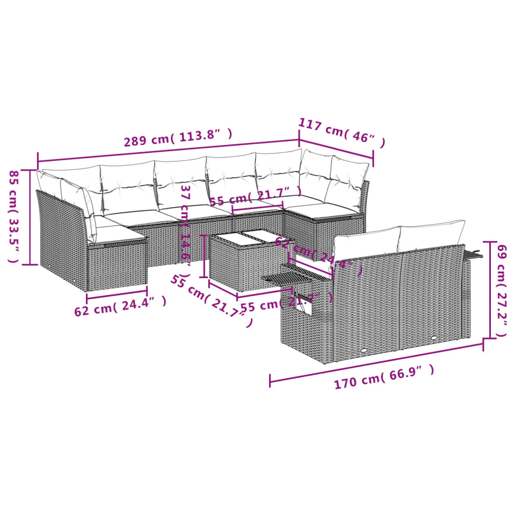 Ensemble de canapé de jardin 10 pcs avec coussins marron résine tressée