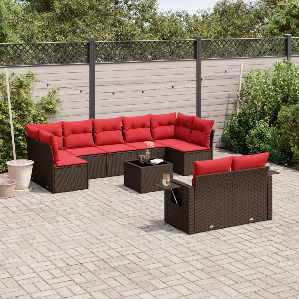 Ensemble de canapé de jardin 10 pcs avec coussins marron résine tressée