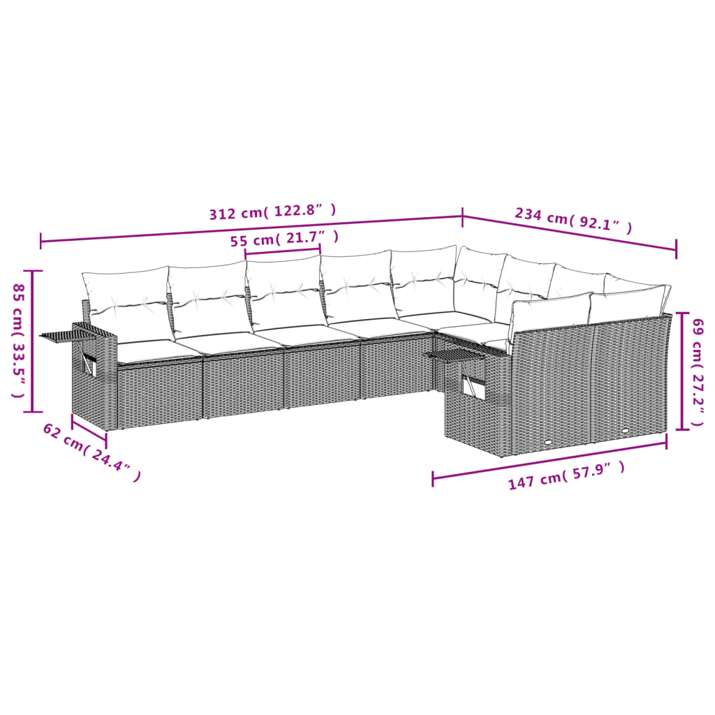 Ensemble de canapé de jardin 9 pcs avec coussins gris résine tressée