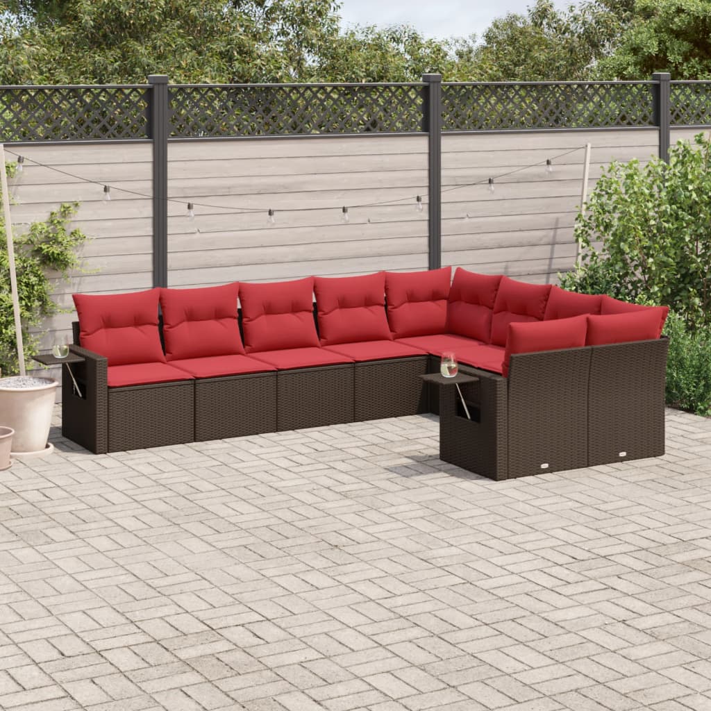 Ensemble de canapé de jardin 9 pcs avec coussins marron résine tressée