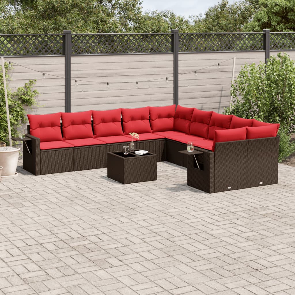 Ensemble de canapé de jardin 11 pcs avec coussins marron résine tressée