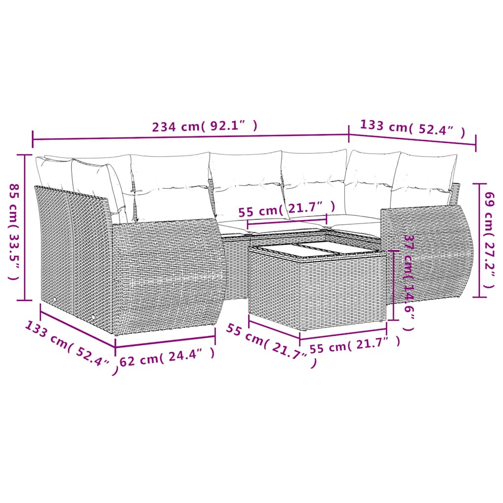 Ensemble de canapé de jardin 7 pcs avec coussins noir résine tressée