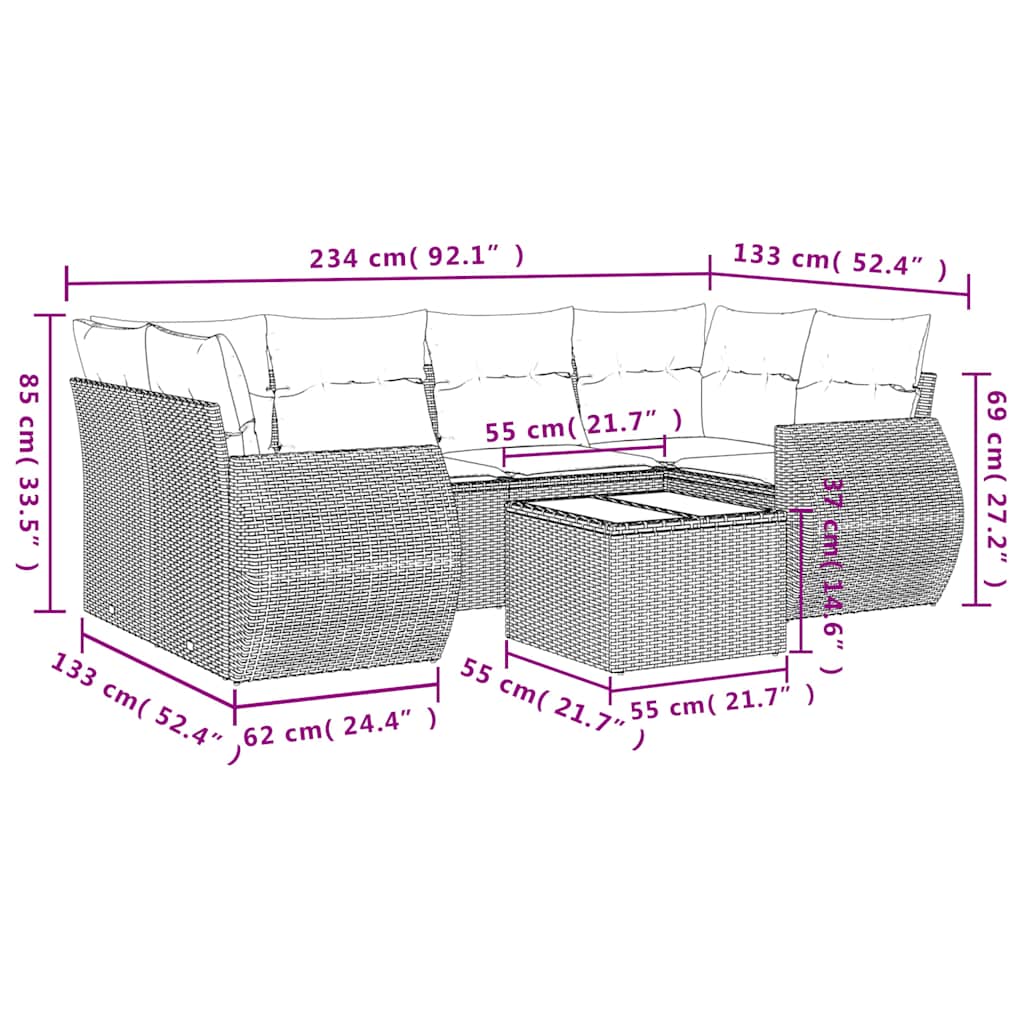 Ensemble de canapé de jardin 7 pcs avec coussins marron résine tressée