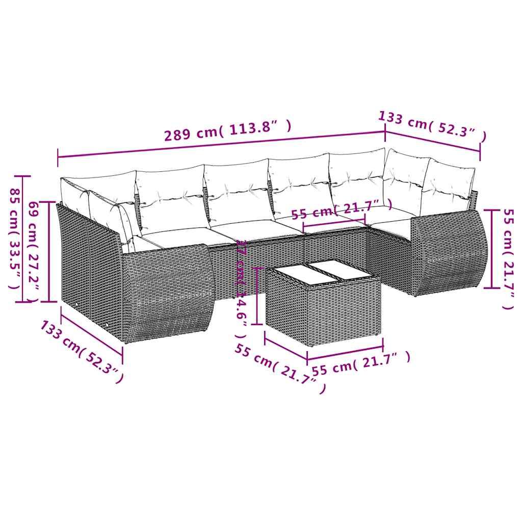 Ensemble de canapé de jardin 8 pcs avec coussins marron résine tressée