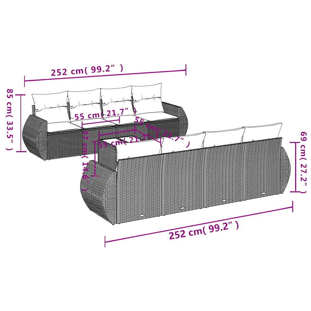 Ensemble de canapé de jardin 9 pcs avec coussins noir résine tressée
