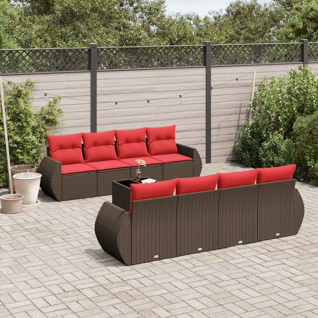 Ensemble de canapé de jardin 9 pcs avec coussins marron résine tressée