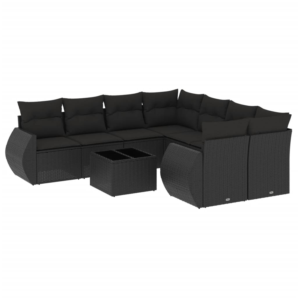 Salon de jardin 9 pcs avec coussins noir résine tressée