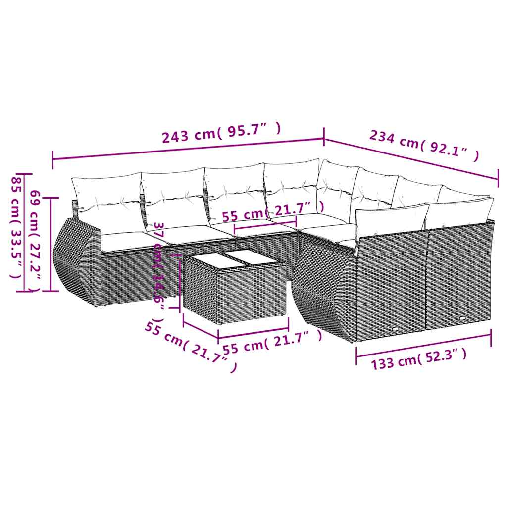 Ensemble de canapé de jardin 9 pcs avec coussins marron résine tressée