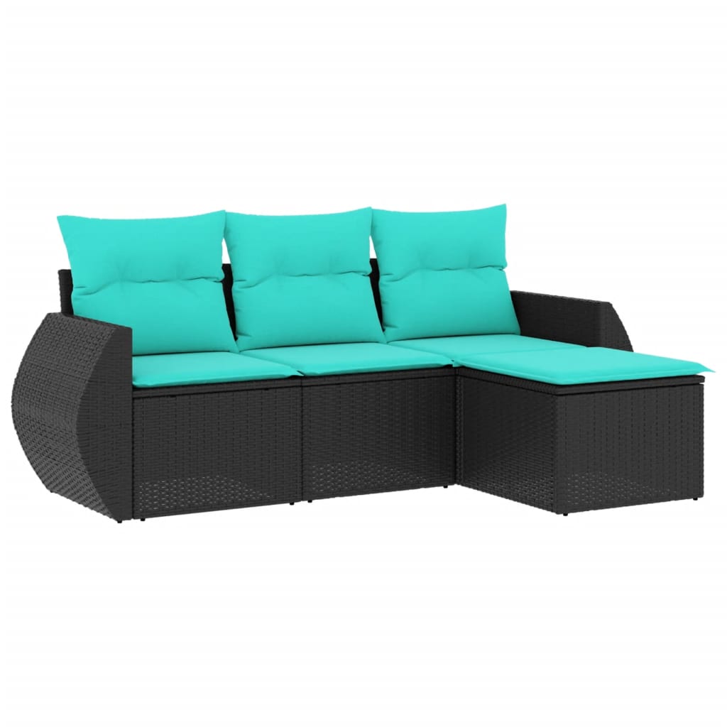Salon de jardin 4 pcs avec coussins noir résine tressée