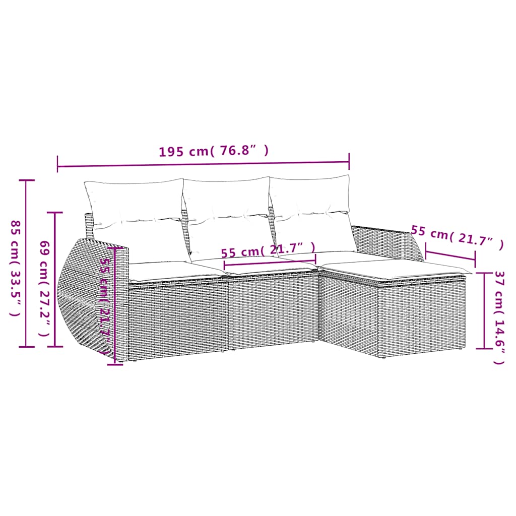 Ensemble de canapé de jardin 4 pcs avec coussins marron résine tressée