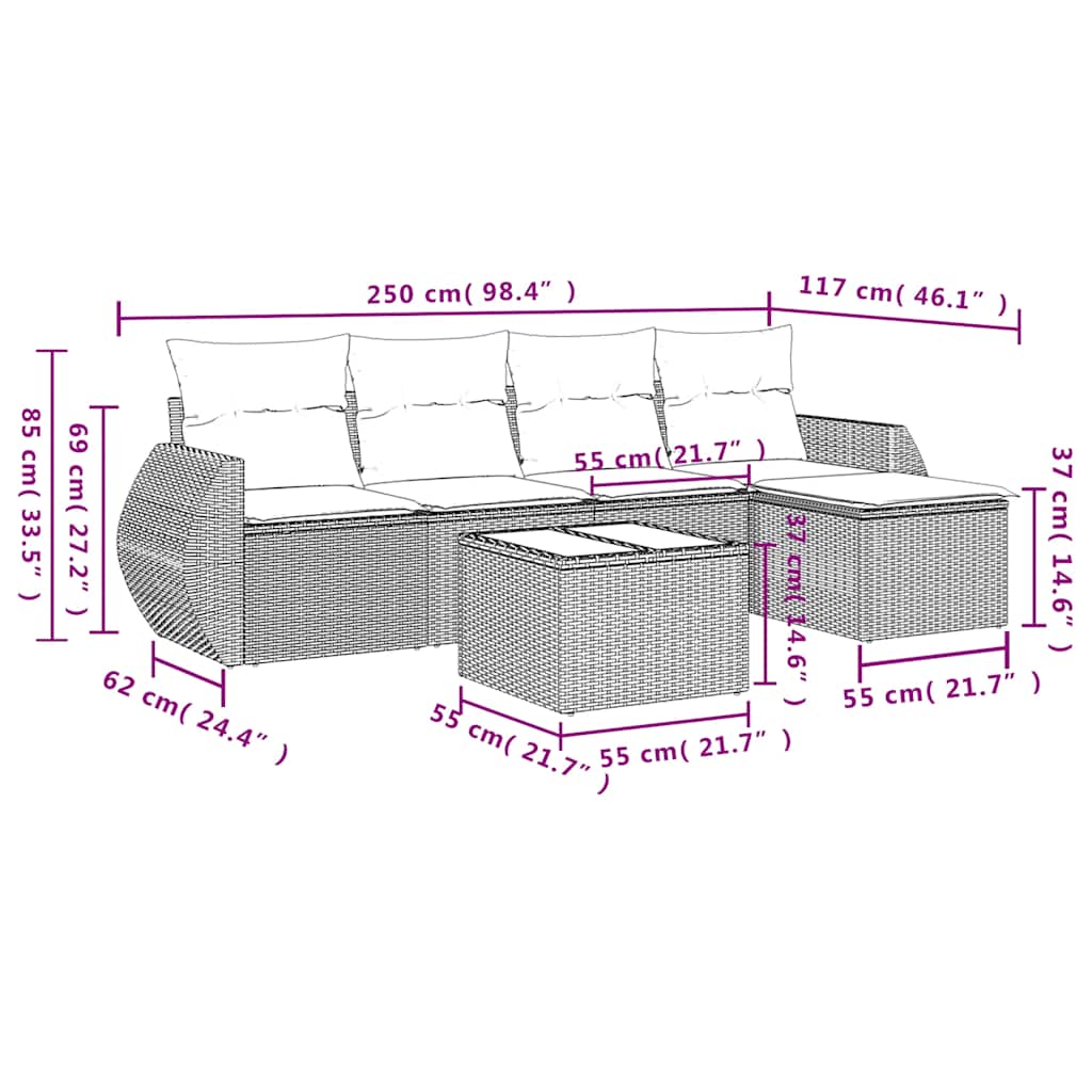 Ensemble de canapé de jardin 6 pcs avec coussins noir résine tressée
