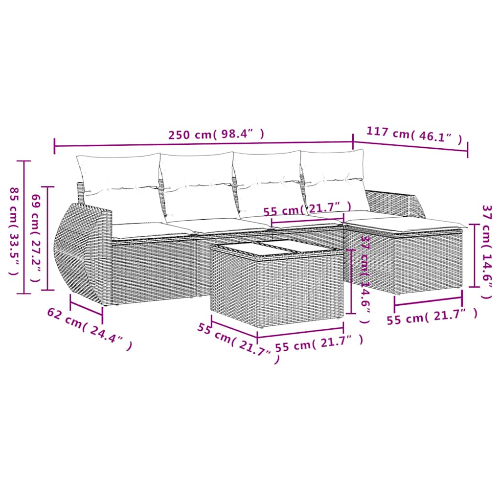 Ensemble de canapé de jardin 6 pcs avec coussins marron résine tressée