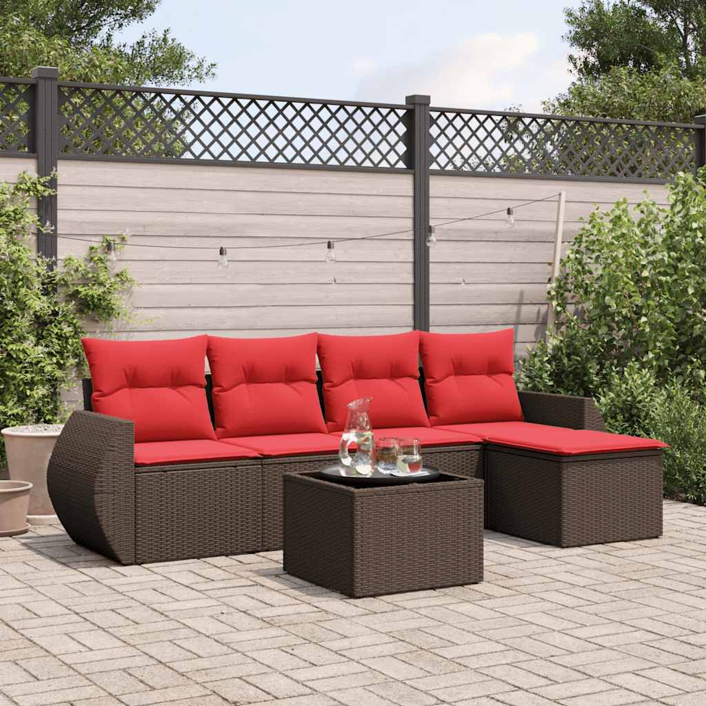 Ensemble de canapé de jardin 6 pcs avec coussins marron résine tressée
