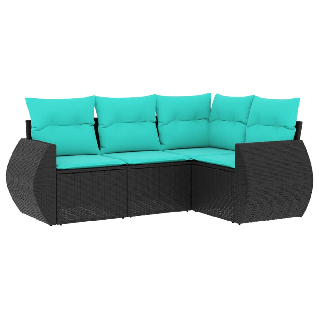 Salon de jardin 4 pcs avec coussins noir résine tressée