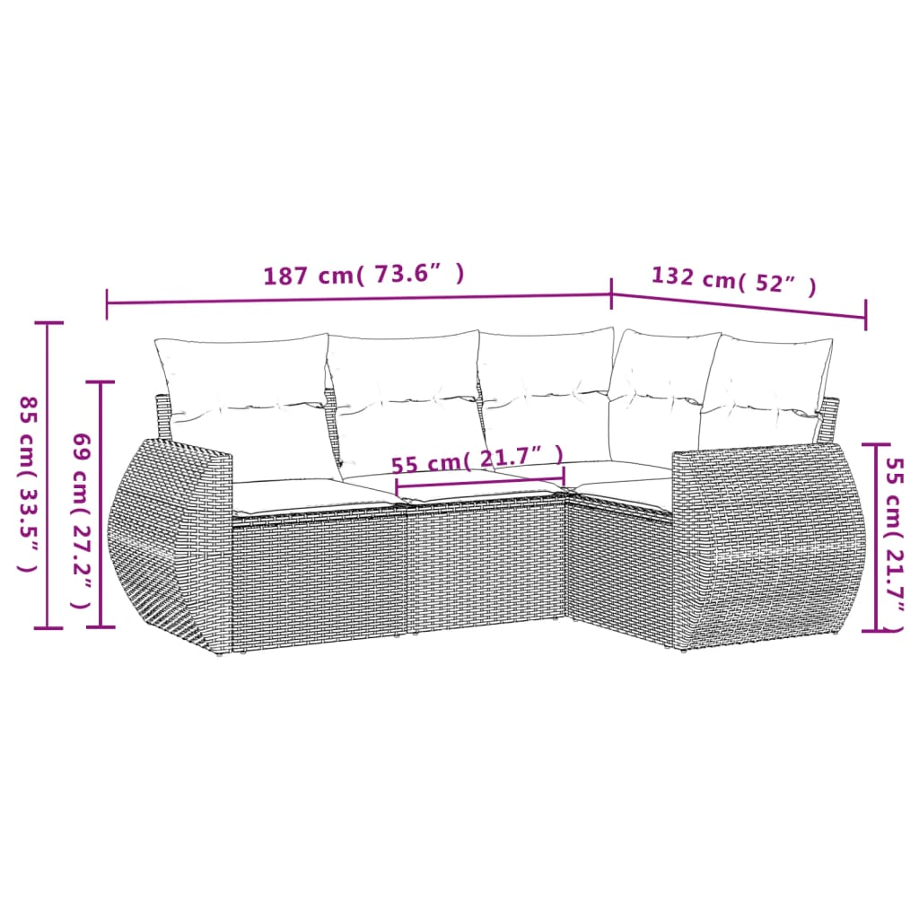 Ensemble de canapé de jardin 4 pcs avec coussins marron résine tressée