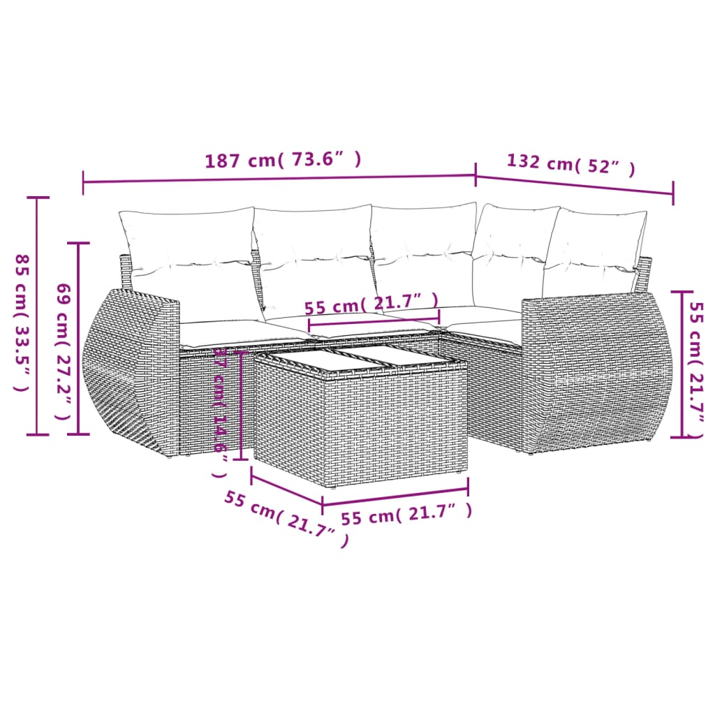 Ensemble de canapé de jardin 5 pcs avec coussins gris résine tressée