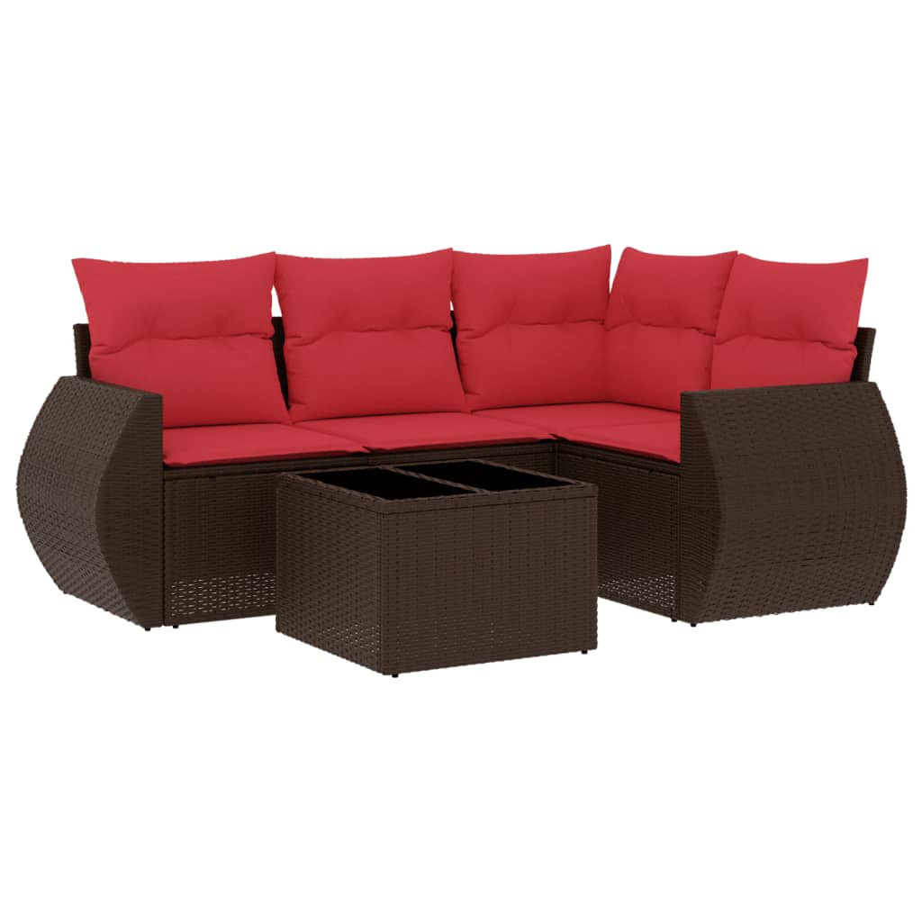 Ensemble de canapé de jardin 5 pcs avec coussins marron résine tressée