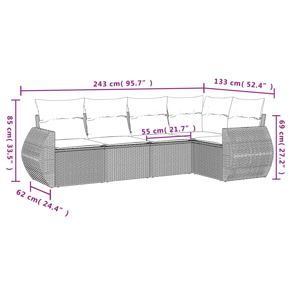 Ensemble de canapé de jardin 5 pcs avec coussins gris résine tressée