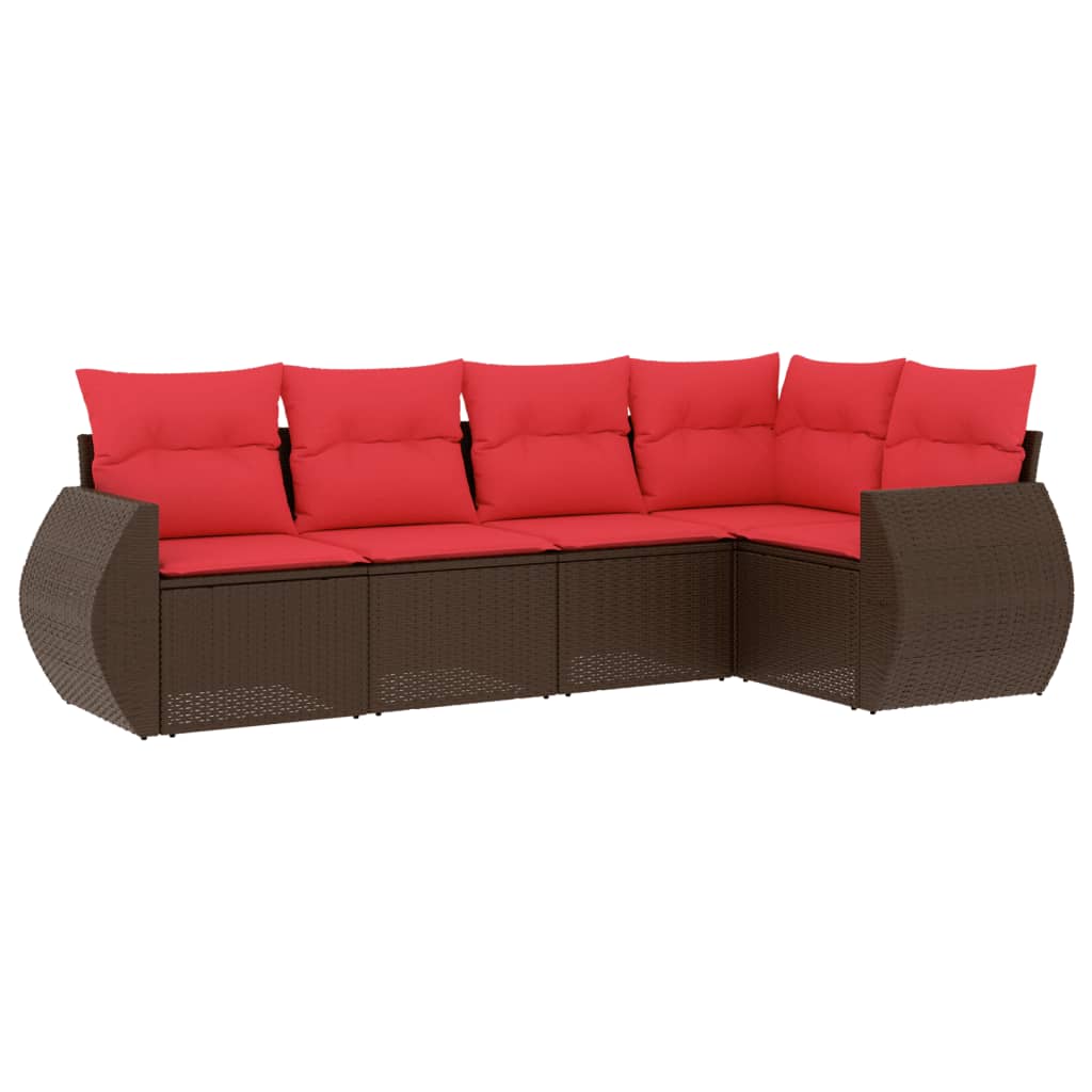 Ensemble de canapé de jardin 5 pcs avec coussins marron résine tressée