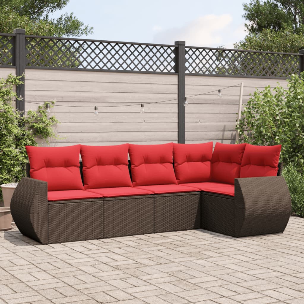 Ensemble de canapé de jardin 5 pcs avec coussins marron résine tressée