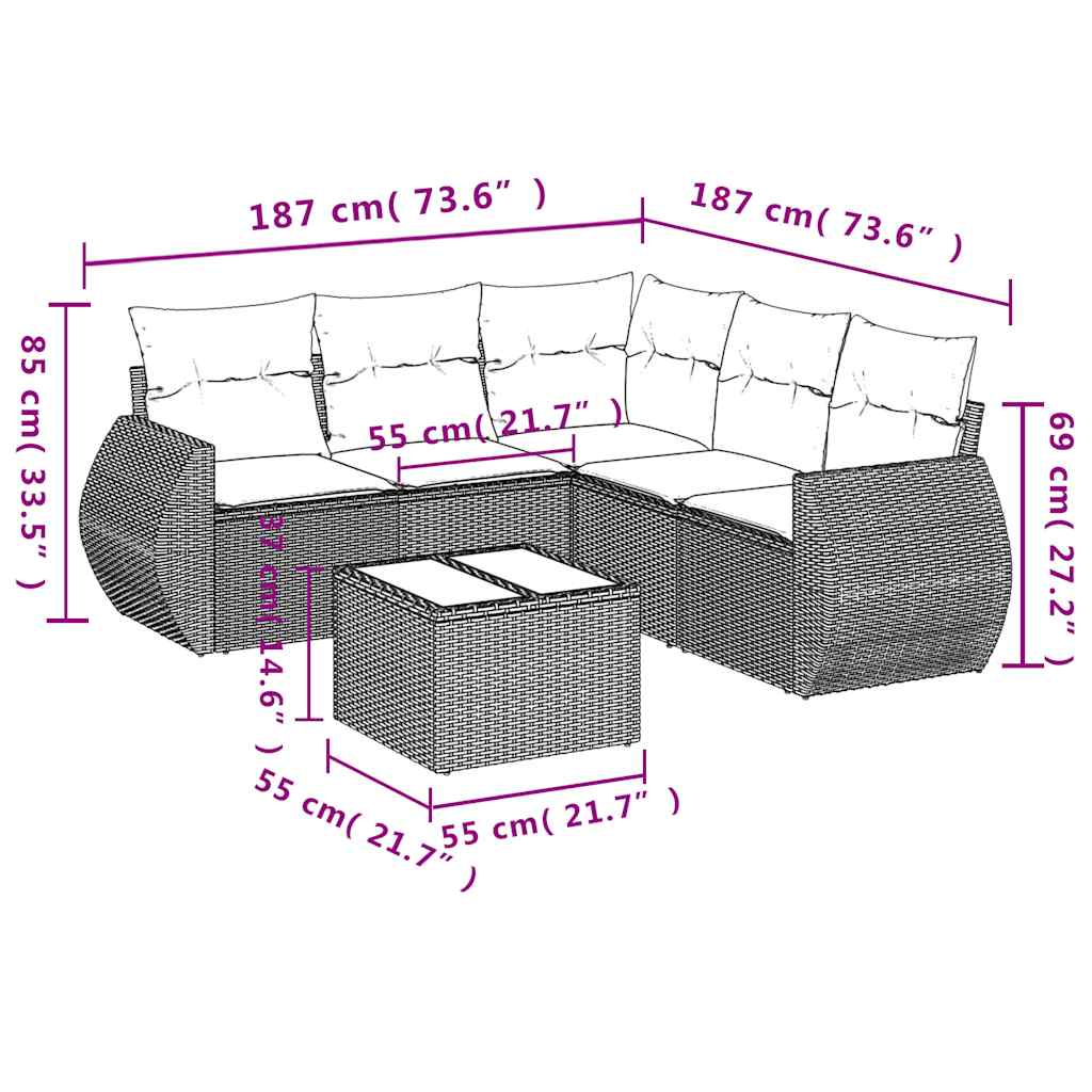 Salon de jardin 6 pcs avec coussins noir résine tressée