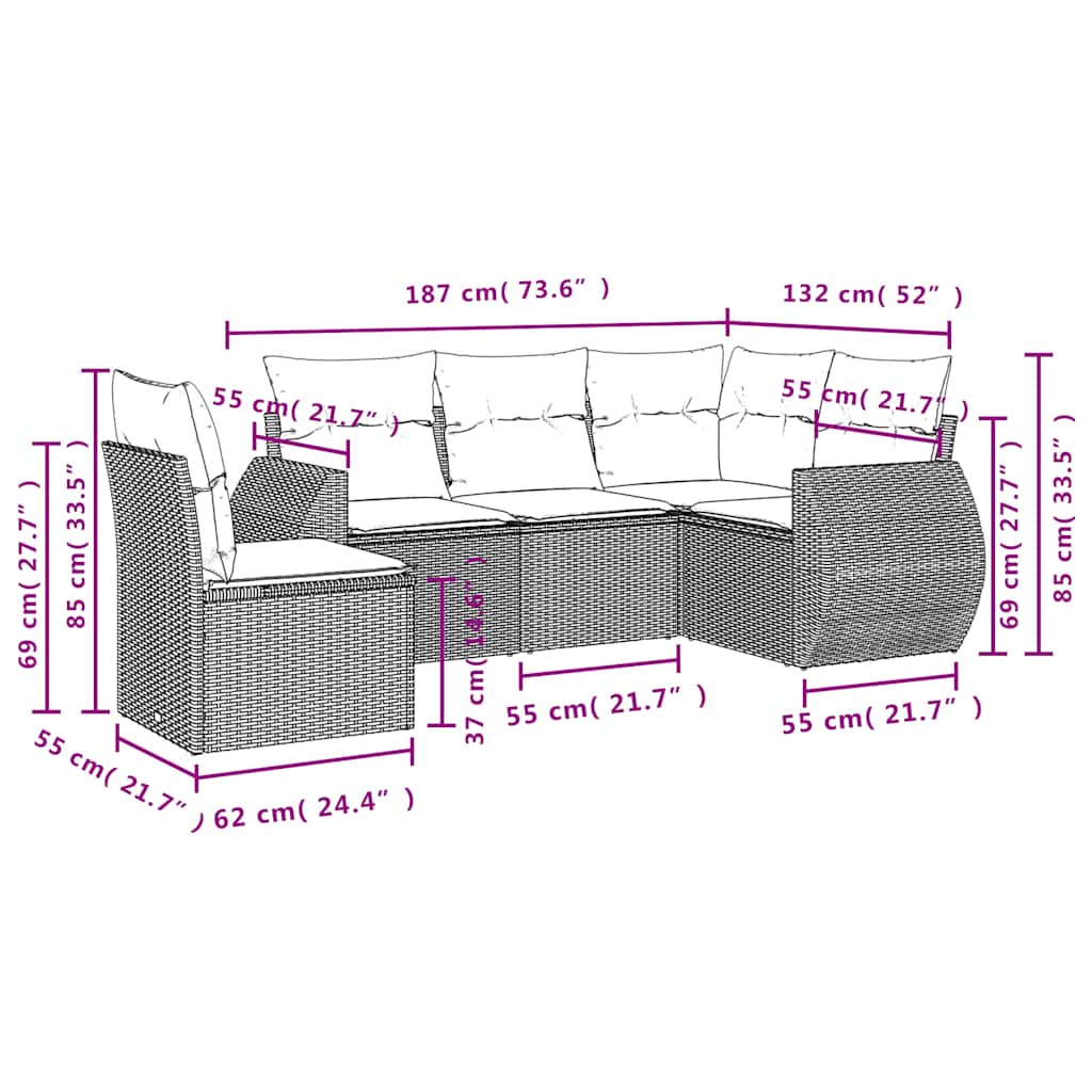 Ensemble de canapé de jardin 5 pcs avec coussins gris résine tressée