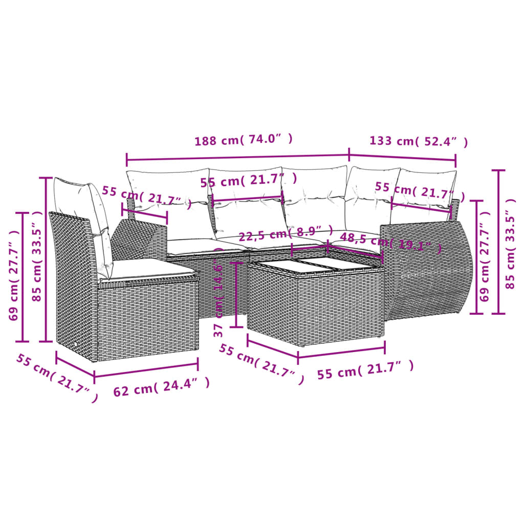 Ensemble de canapé de jardin 6 pcs avec coussins gris résine tressée