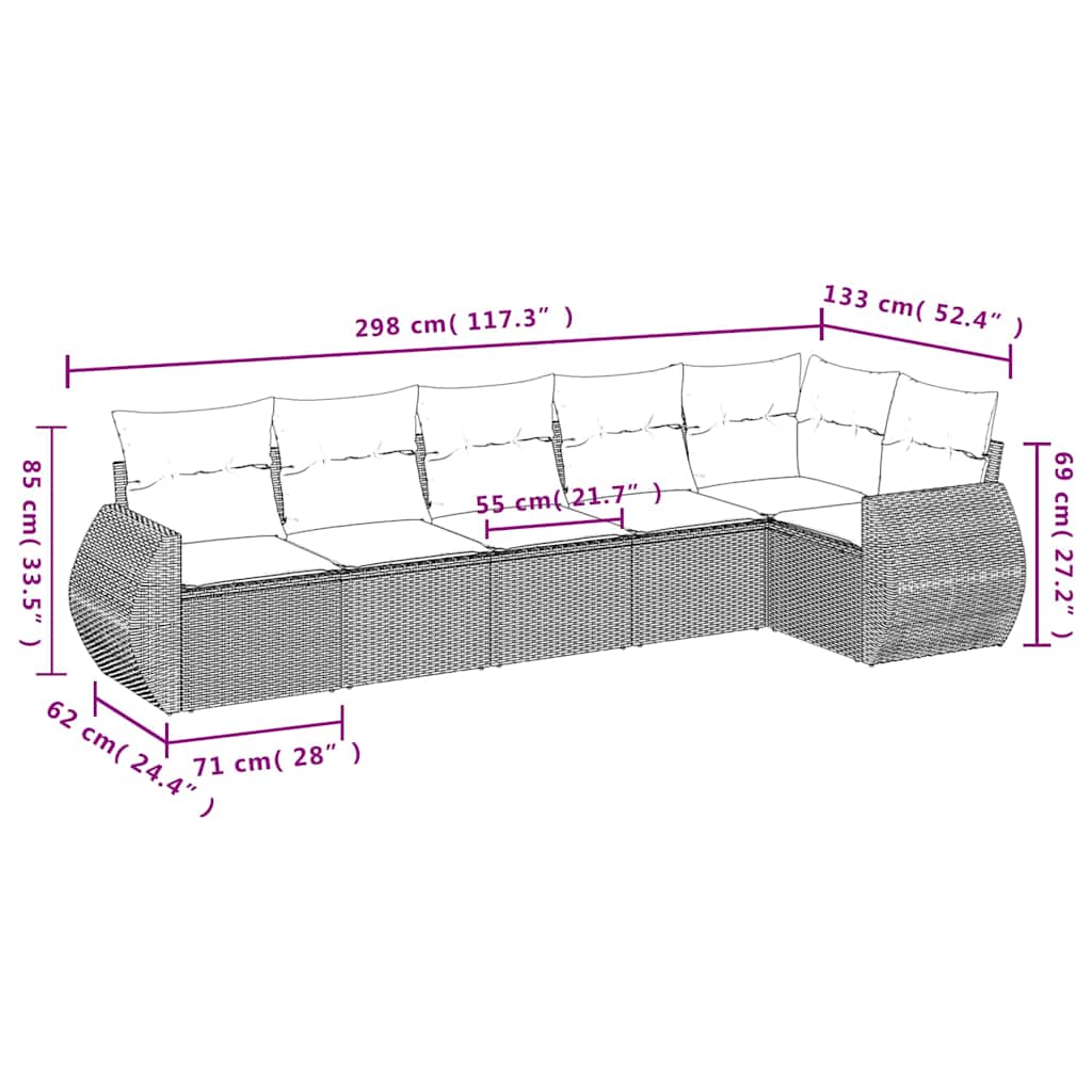 Salon de jardin 6 pcs avec coussins noir résine tressée