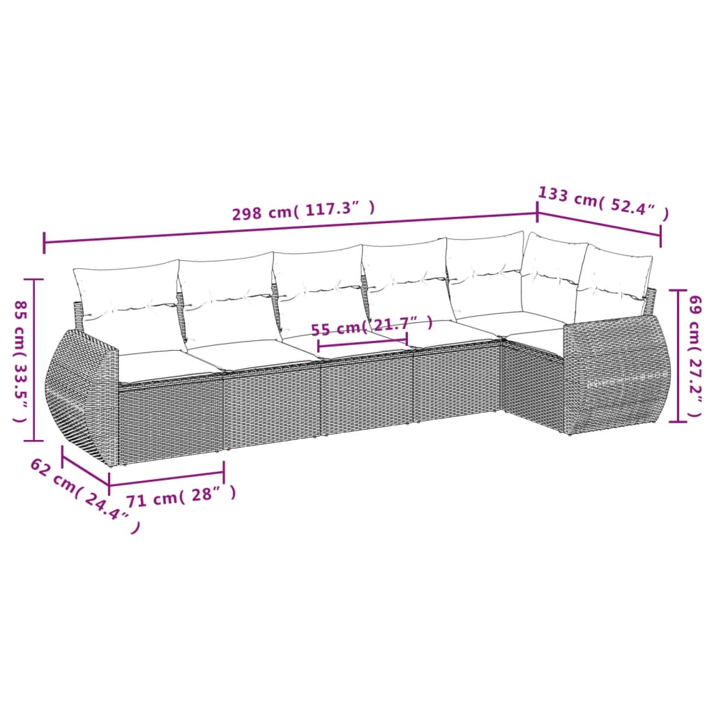 Ensemble de canapé de jardin 6 pcs avec coussins marron résine tressée