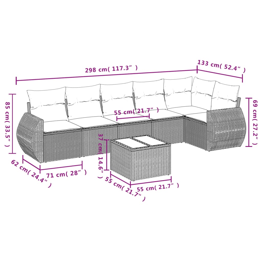 Ensemble de canapé de jardin 7 pcs avec coussins marron résine tressée
