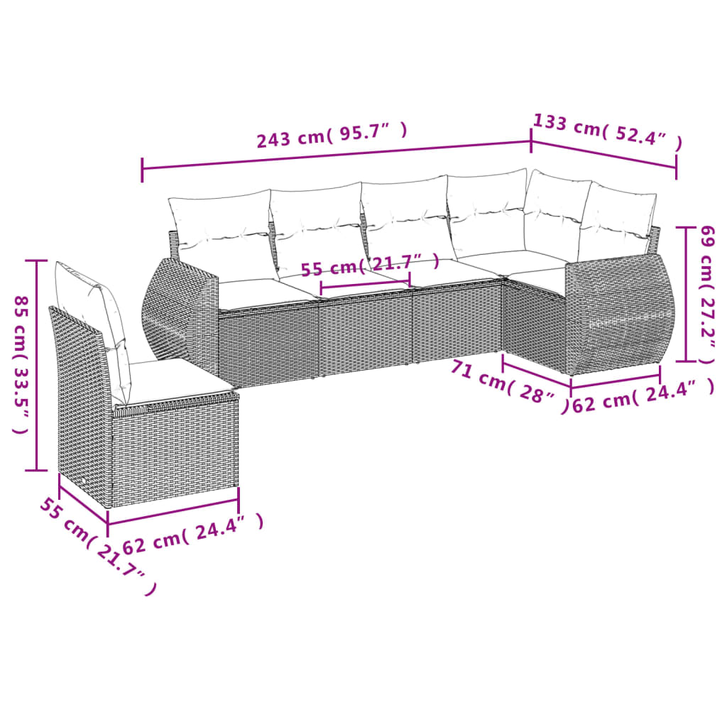 Ensemble de canapé de jardin 6 pcs avec coussins gris résine tressée